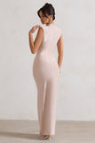 Samira Champagne Ruched High-Neck Split Maxi Dress