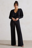 My Charm Black Draped Plunge-Neck Straight-Leg Jumpsuit