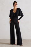My Charm Black Draped Plunge-Neck Straight-Leg Jumpsuit