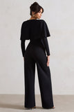 My Charm Black Draped Plunge-Neck Straight-Leg Jumpsuit