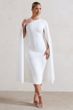 Rafaela White Bodycon Midi Dress With Cape Sleeves