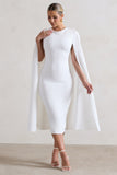 Rafaela White Bodycon Midi Dress With Cape Sleeves