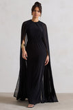 Envy Black Gathered Maxi Dress With Chiffon Cape