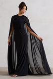 Envy Black Gathered Maxi Dress With Chiffon Cape