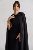 Envy Black Gathered Maxi Dress With Chiffon Cape