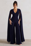Emmanuela Navy Plunge-Neck Wide-Leg Jumpsuit With Cape Sleeves