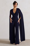 Emmanuela Navy Plunge-Neck Wide-Leg Jumpsuit With Cape Sleeves
