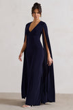 Emmanuela Navy Plunge-Neck Wide-Leg Jumpsuit With Cape Sleeves