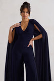 Emmanuela Navy Plunge-Neck Wide-Leg Jumpsuit With Cape Sleeves