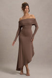 Romina Mocha Rib Knit Bardot Maxi Dress With Asymmetric Hem