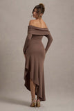 Romina Mocha Rib Knit Bardot Maxi Dress With Asymmetric Hem