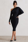 Thora Black Rib Knit One-Shoulder Midi Dress