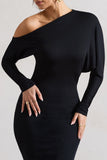 Thora Black Rib Knit One-Shoulder Midi Dress