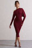 Thora Berry Rib Knit One-Shoulder Midi Dress