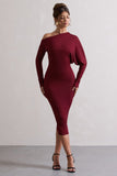 Thora Berry Rib Knit One-Shoulder Midi Dress