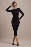 Madden Black Rib Knit Cowl-Back Midi Dress