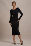 Madden Black Rib Knit Cowl-Back Midi Dress