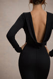 Madden Black Rib Knit Cowl-Back Midi Dress