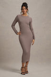 Madden Taupe Rib Knit Cowl-Back Midi Dress