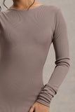 Madden Taupe Rib Knit Cowl-Back Midi Dress