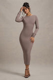 Madden Taupe Rib Knit Cowl-Back Midi Dress