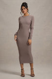 Madden Taupe Rib Knit Cowl-Back Midi Dress