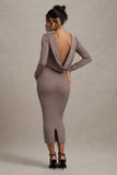 Madden Taupe Rib Knit Cowl-Back Midi Dress
