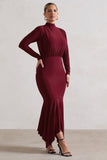 Carla Berry High-Neck Midi Dress With Draped Hem