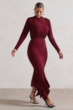 Carla Berry High-Neck Midi Dress With Draped Hem