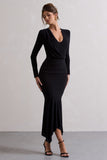 Milena Black Plunge-Neck Maxi Dress With Draped Hem