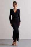 Milena Black Plunge-Neck Maxi Dress With Draped Hem