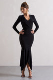 Milena Black Plunge-Neck Maxi Dress With Draped Hem