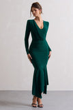 Milena Bottle Green Plunge-Neck Maxi Dress With Draped Hem