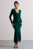 Milena Bottle Green Plunge-Neck Maxi Dress With Draped Hem