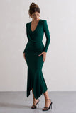Milena Bottle Green Plunge-Neck Maxi Dress With Draped Hem