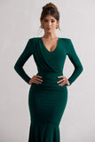 Milena Bottle Green Plunge-Neck Maxi Dress With Draped Hem