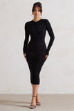 Monique Black Ruched Bodycon Midi Dress