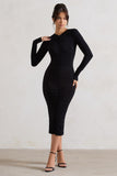 Monique Black Ruched Bodycon Midi Dress