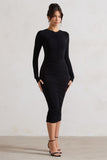 Monique Black Ruched Bodycon Midi Dress