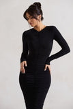 Monique Black Ruched Bodycon Midi Dress