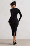 Monique Black Ruched Bodycon Midi Dress