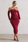 Anissa Berry Ruched Bardot Midi Dress