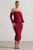 Anissa Berry Ruched Bardot Midi Dress