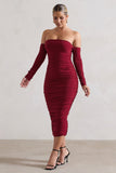 Anissa Berry Ruched Bardot Midi Dress