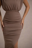 Jennifer Mocha Sleeveless Maxi Dress With Asymmetric Hem