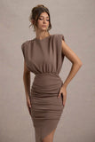 Jennifer Mocha Sleeveless Maxi Dress With Asymmetric Hem