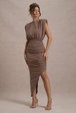 Jennifer Mocha Sleeveless Maxi Dress With Asymmetric Hem
