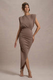 Jennifer Mocha Sleeveless Maxi Dress With Asymmetric Hem