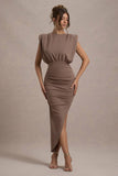 Jennifer Mocha Sleeveless Maxi Dress With Asymmetric Hem