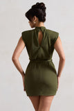 Asher Olive High-Neck Mini Dress With Tie Waist